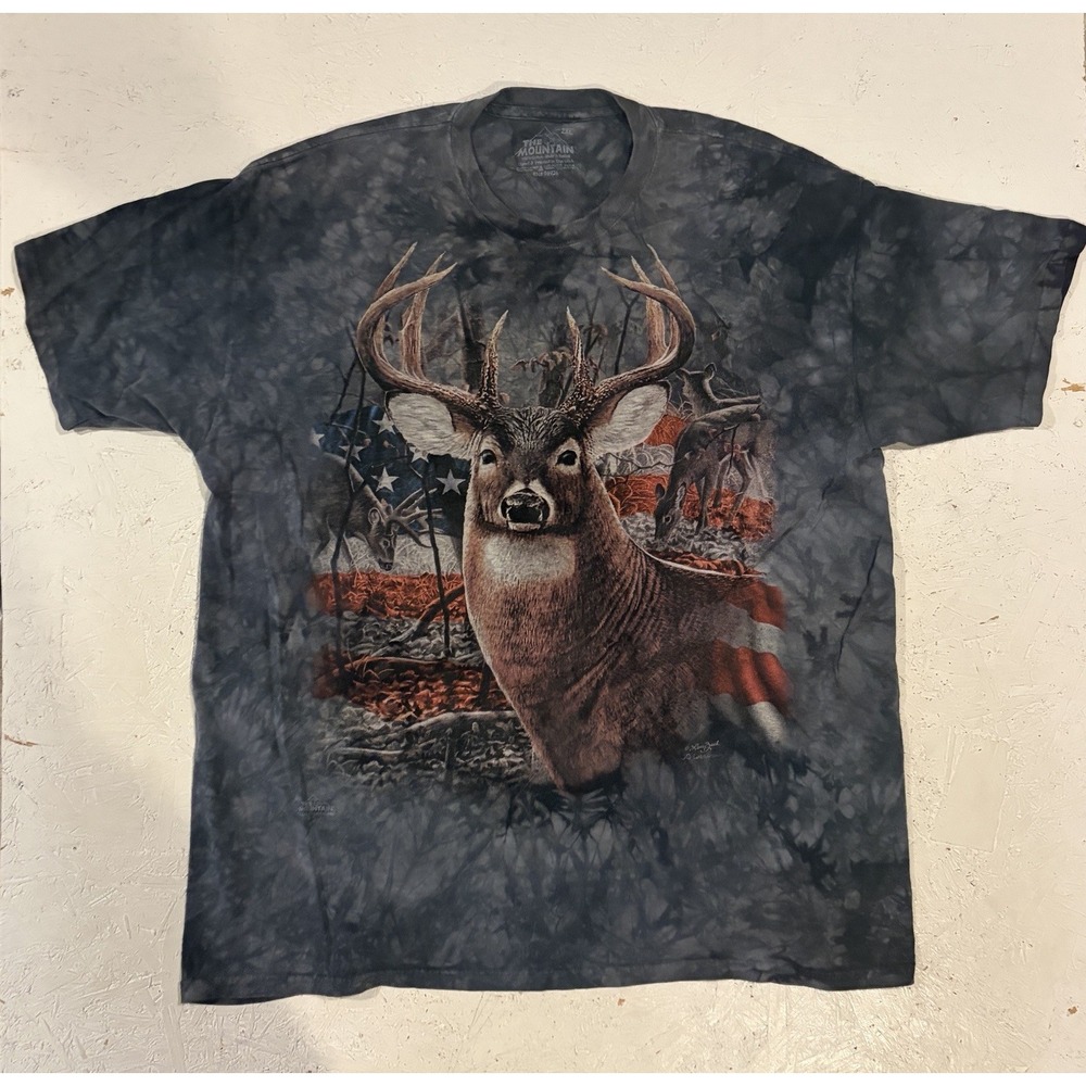 The Mountain Scenic Deer Buck T-Shirt Mens 2XL Gray Tie Dye Nature Cabin